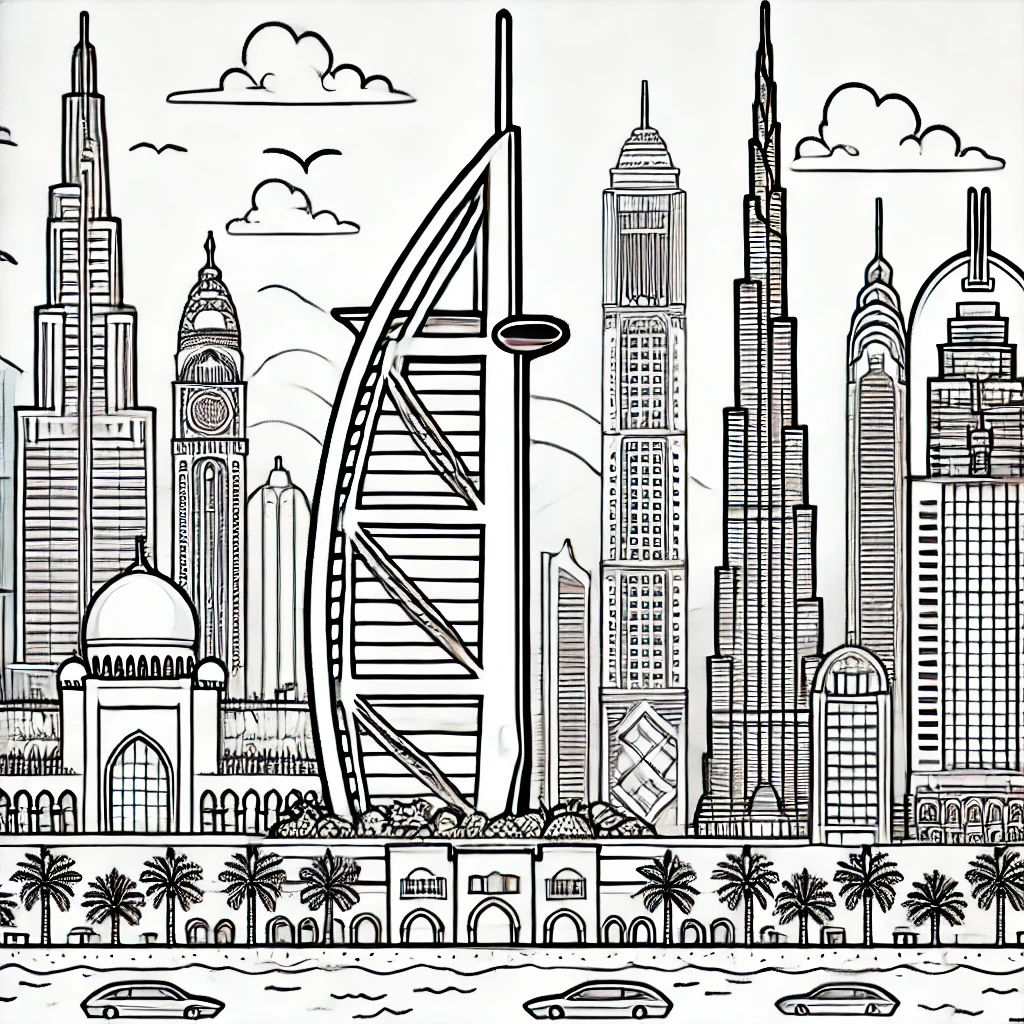 ドバイ高層建築のぬりえ | UAEの美しいランドマークを描く