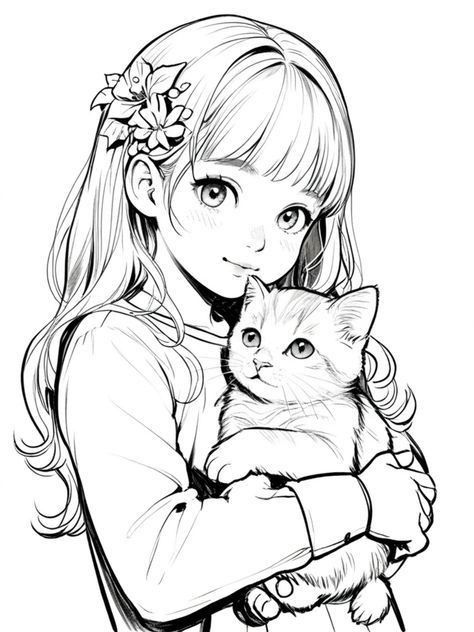  可愛い女の子と猫の塗り絵｜子供向け無料ダウンロード素材