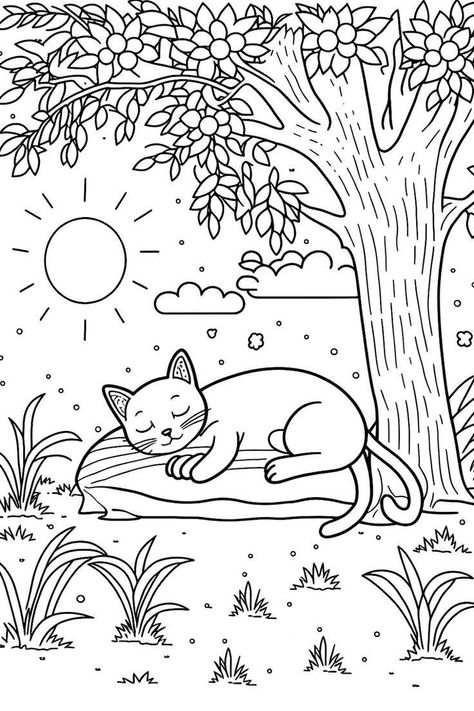 無料ダウンロード！木陰で眠るかわいい猫の動物塗り絵