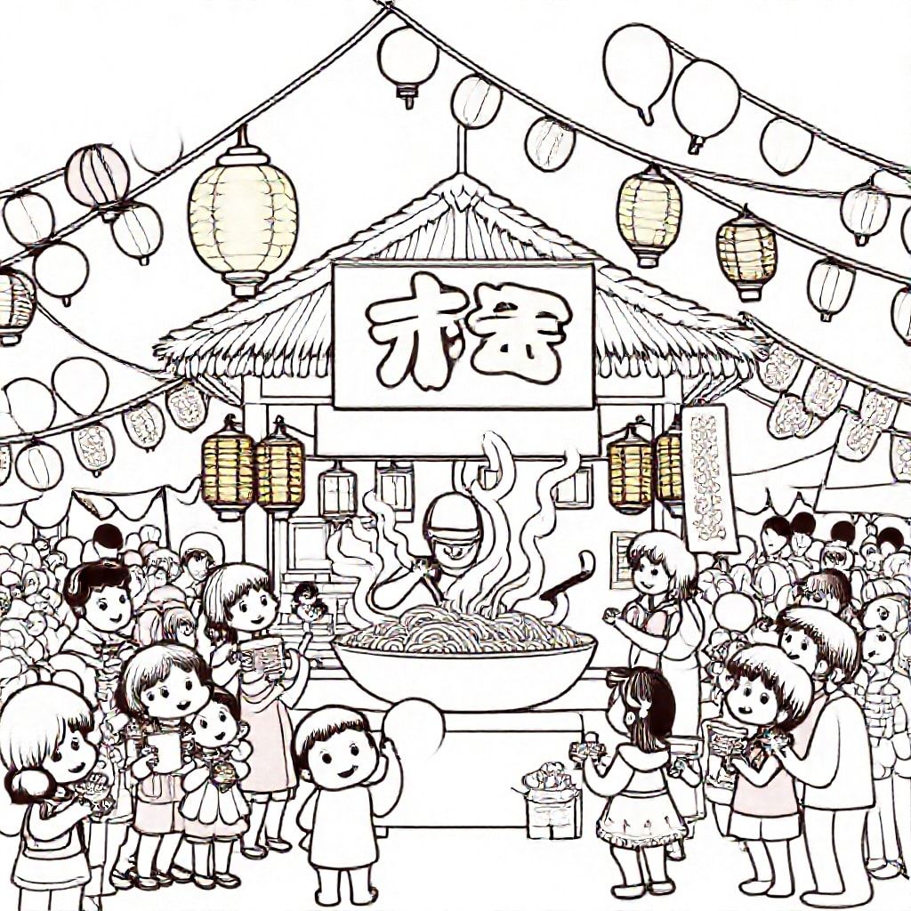 焼きそばの屋台での祭り - 楽しい塗り絵アイデア