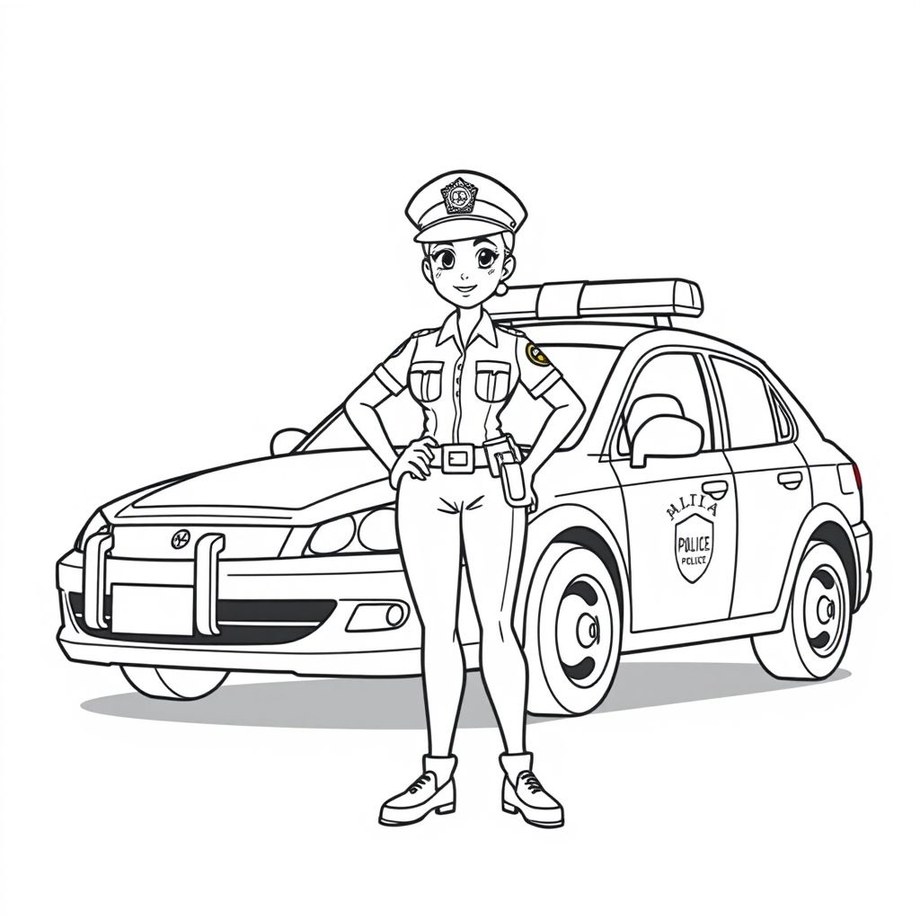 女性警察官とパトカーの塗り絵アイデア - 楽しみながら学ぶ