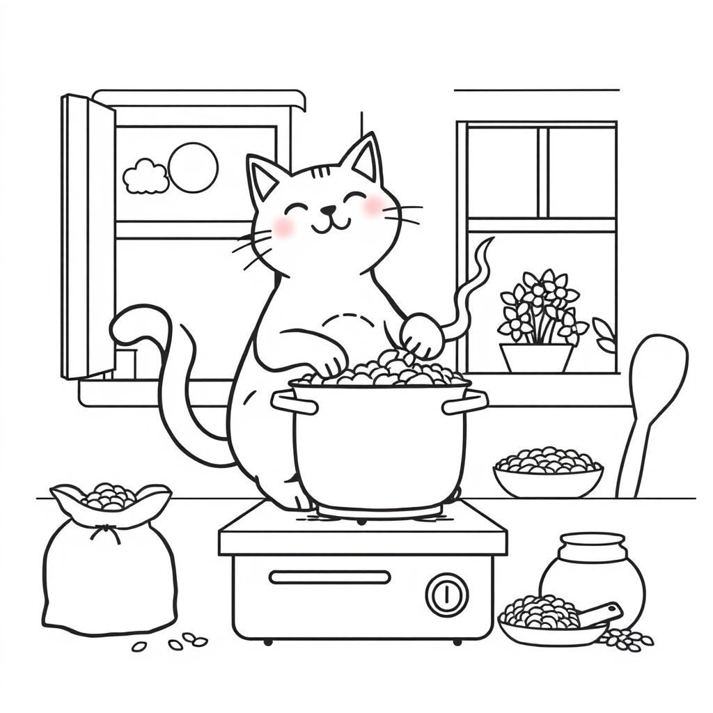 猫がご飯を炊く塗り絵 - 創造力を育むアート体験
