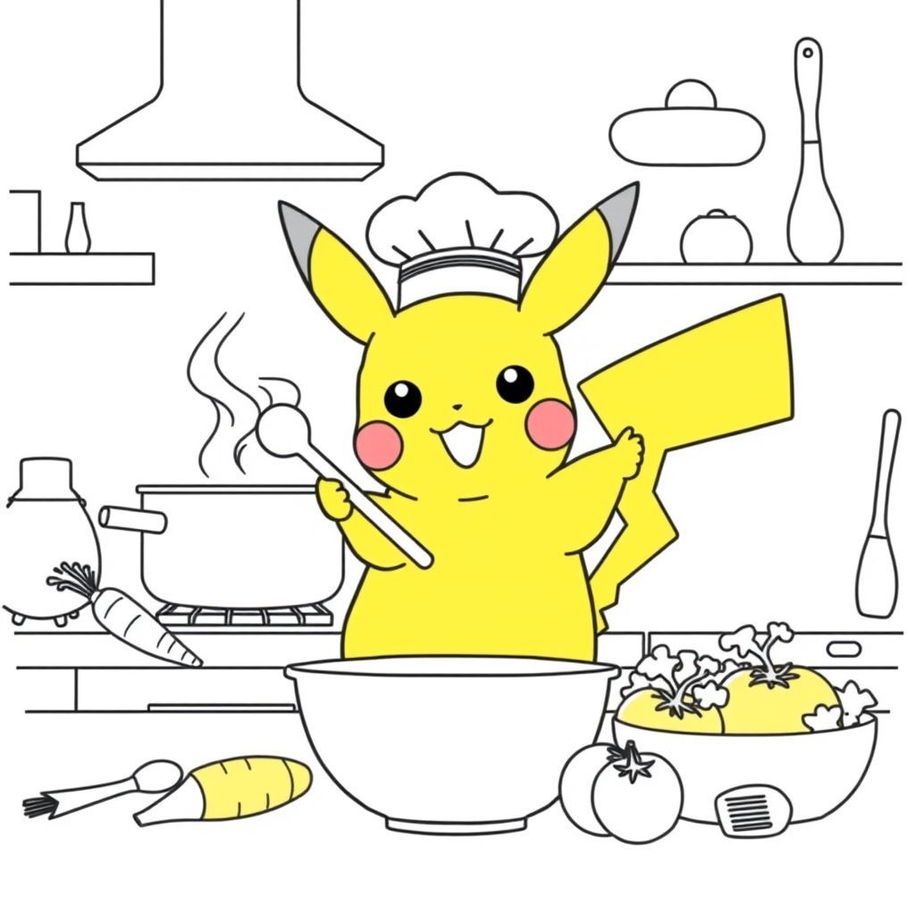 ピカチュウは料理を学ぶ！楽しい塗り絵アイデア