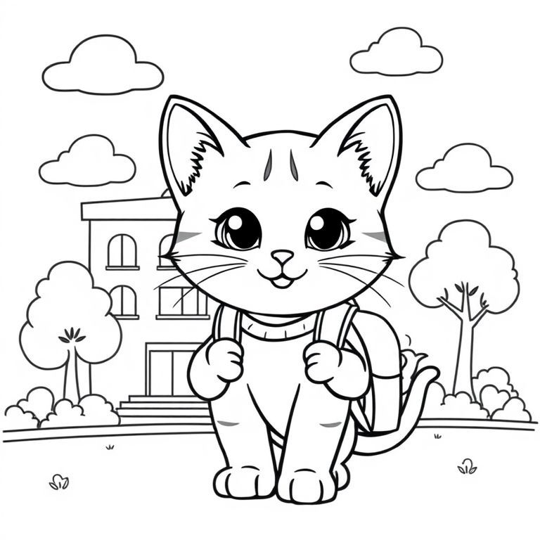 猫と学校に行く子猫の塗り絵アイデア