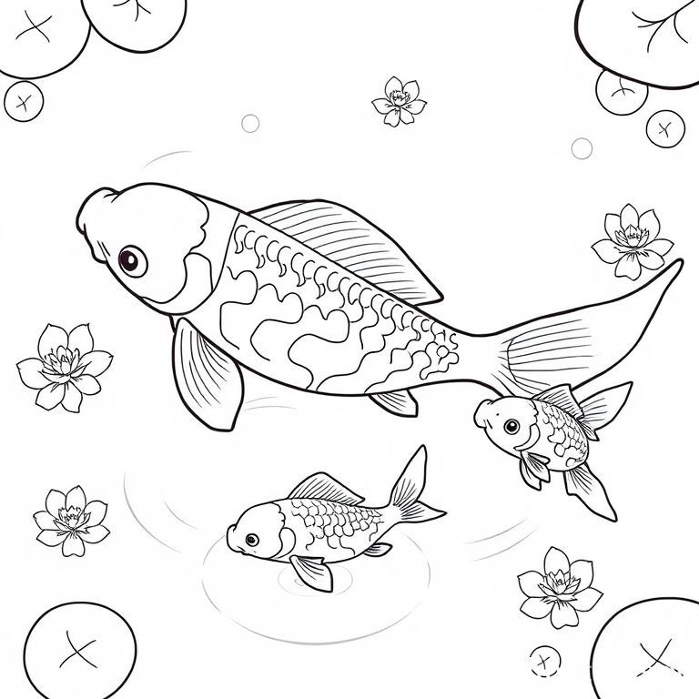 鯉 (Koi) の母と子をテーマにした塗り絵アート