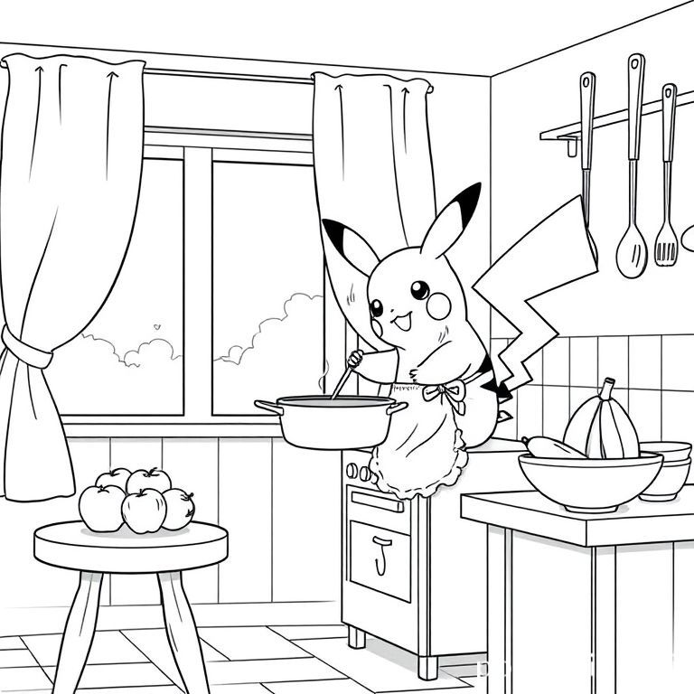 キッチンで料理をしているピカチュウの塗り絵 - 創造力を育む楽しいアート
