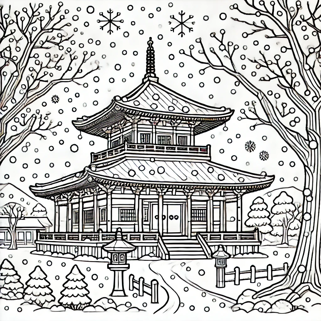 雪の寺院と冬景色の塗り絵｜無料ダウンロードで伝統的な日本の風景を楽しもう