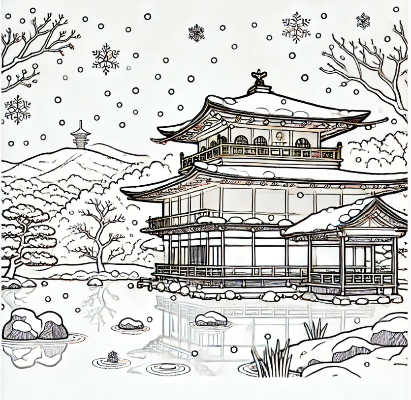 雪の金閣寺塗り絵｜無料ダウンロードで日本の冬景色を楽しもう