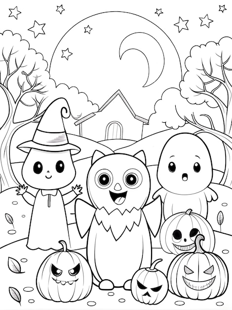 ハロウィンぬりえ | 子供たちと楽しいかぼちゃたち | 秋の楽しみを感じるぬりえ