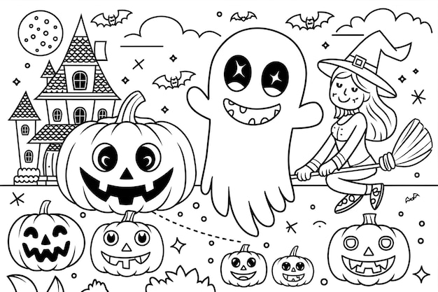 ハロウィンのぬりえアイデア - かぼちゃと家の塗り絵