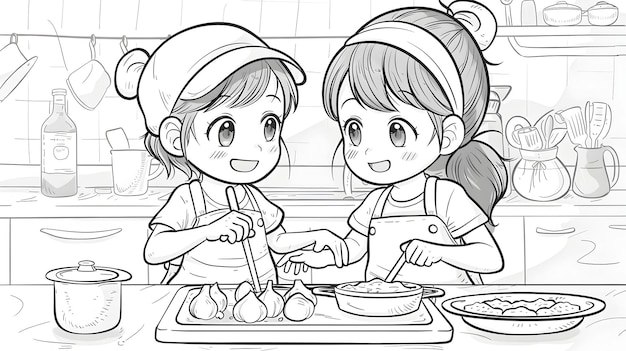 楽しい料理シェフ: 母と娘が一緒に楽しく料理する絵を塗る