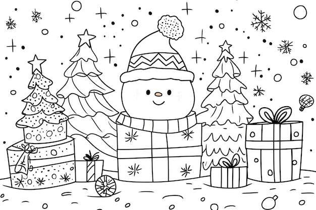 クリスマスの子供用塗り絵 - クリスマスツリーとプレゼント