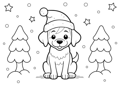 クリスマスのぬりえ - サンタ帽の犬とツリーが描かれた無料ぬりえをダウンロード！