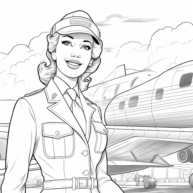 客室乗務員の制服を着た女性が飛行機の前に立っているぬり絵