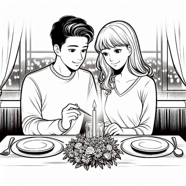 結婚式当日のカップルのロマンチックなディナーのぬり絵。無料ダウンロード