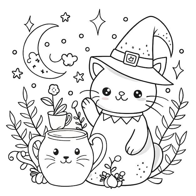 「かわいい魔法使い猫の塗り絵」— お子様向けの楽しい塗り絵素材