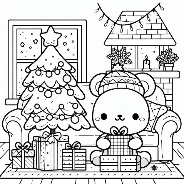 クリスマスにぴったりなかわいいクマとツリーの塗り絵アイデア