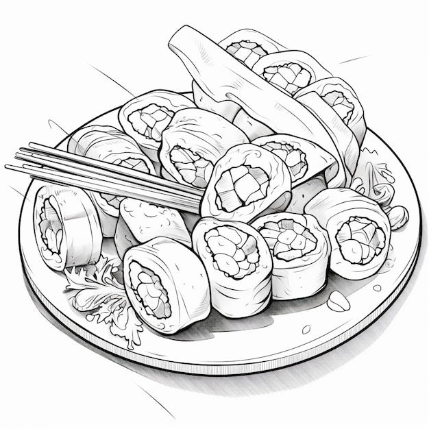 寿司のぬり絵、美味しくて魅力的な料理は無料でダウンロードできる日本の伝統です