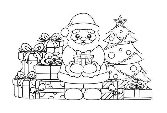楽しいクリスマスツリーとプレゼントを持つサンタクロースのぬりえ