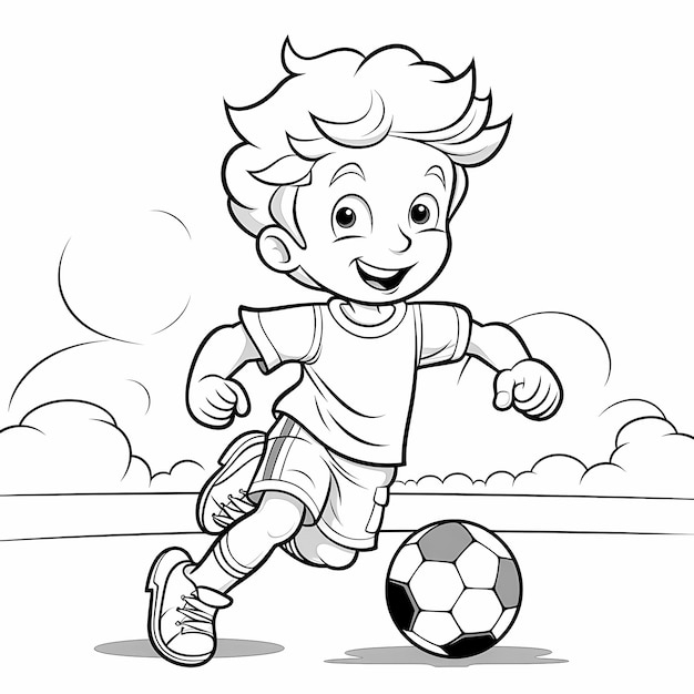 無料のサッカーぬりえ | 楽しくボールを蹴る男の子のデザイン