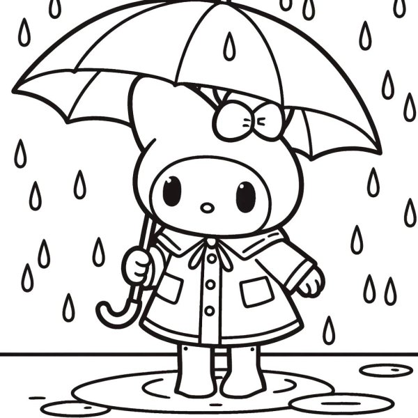 雨の日に傘をさすマイメロディの塗り絵、無料ダウンロード可