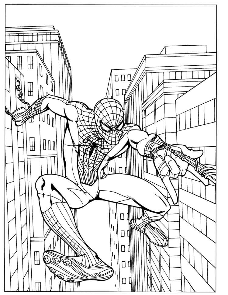 スパイダーマンの塗り絵｜都市を背景にした躍動感あふれるヒーローを無料ダウンロード！