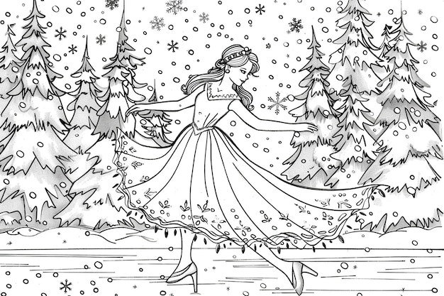 クリスマスをテーマにした塗り絵。雪の降る冬の森の中で踊る女の子の絵がとてもロマンチックです。